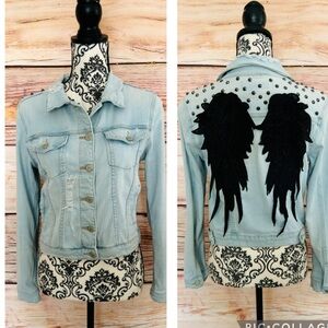 JUSTUSA Women’s Upcycled Light Wash Distressed Studded Angel Wings Denim Jacket